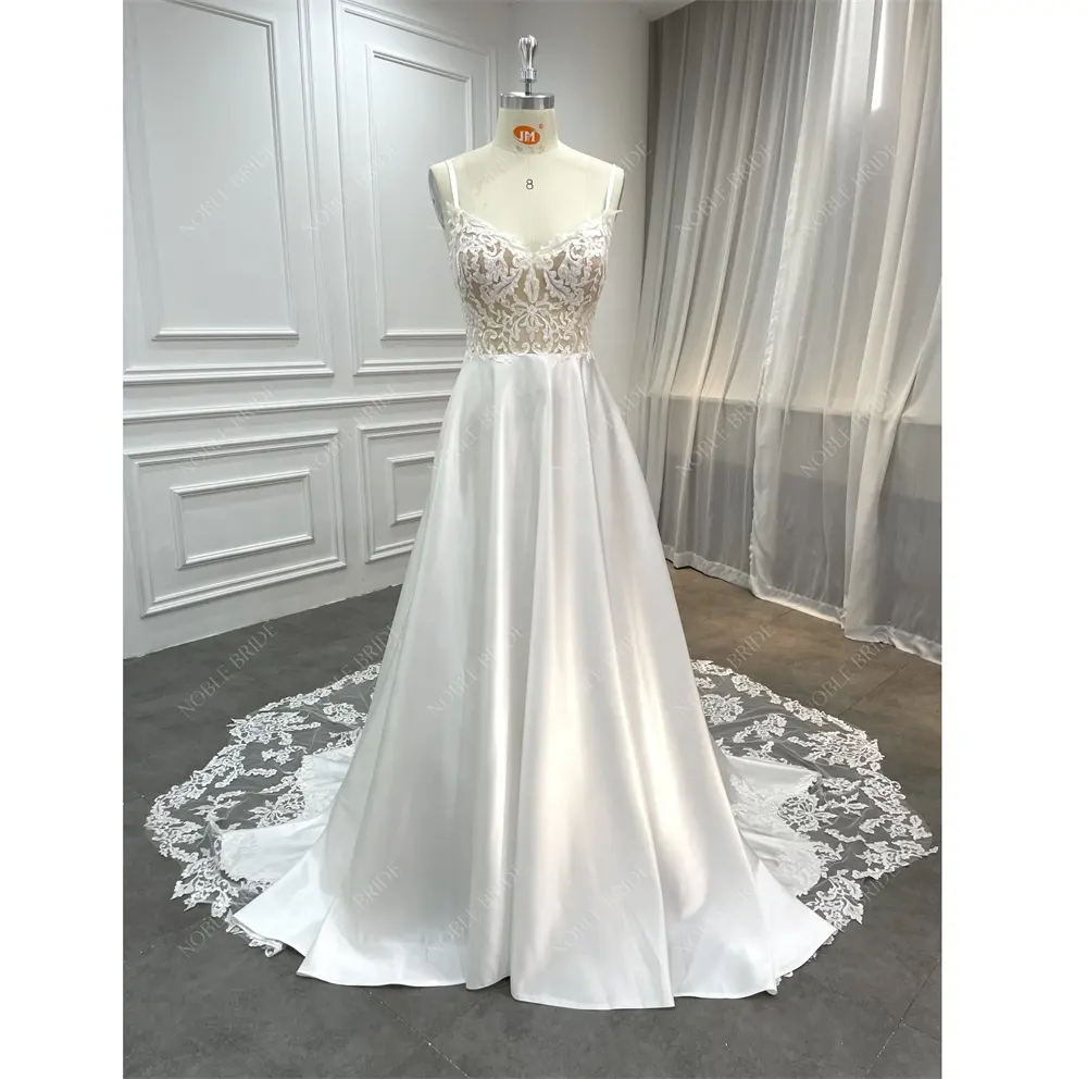 Women Sleeveless Lace Sallope Train A Line Satin Real Wholesale Wedding Dress