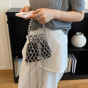 2 Sizes <strong>Sparkling</strong> Silver Acrylic Beaded Bucket <strong>Bag</strong> Women's Handmade Metal Mesh Crossbody Purse Mini Evening <strong>Bag</strong> with Chain Strap - Product Image 4