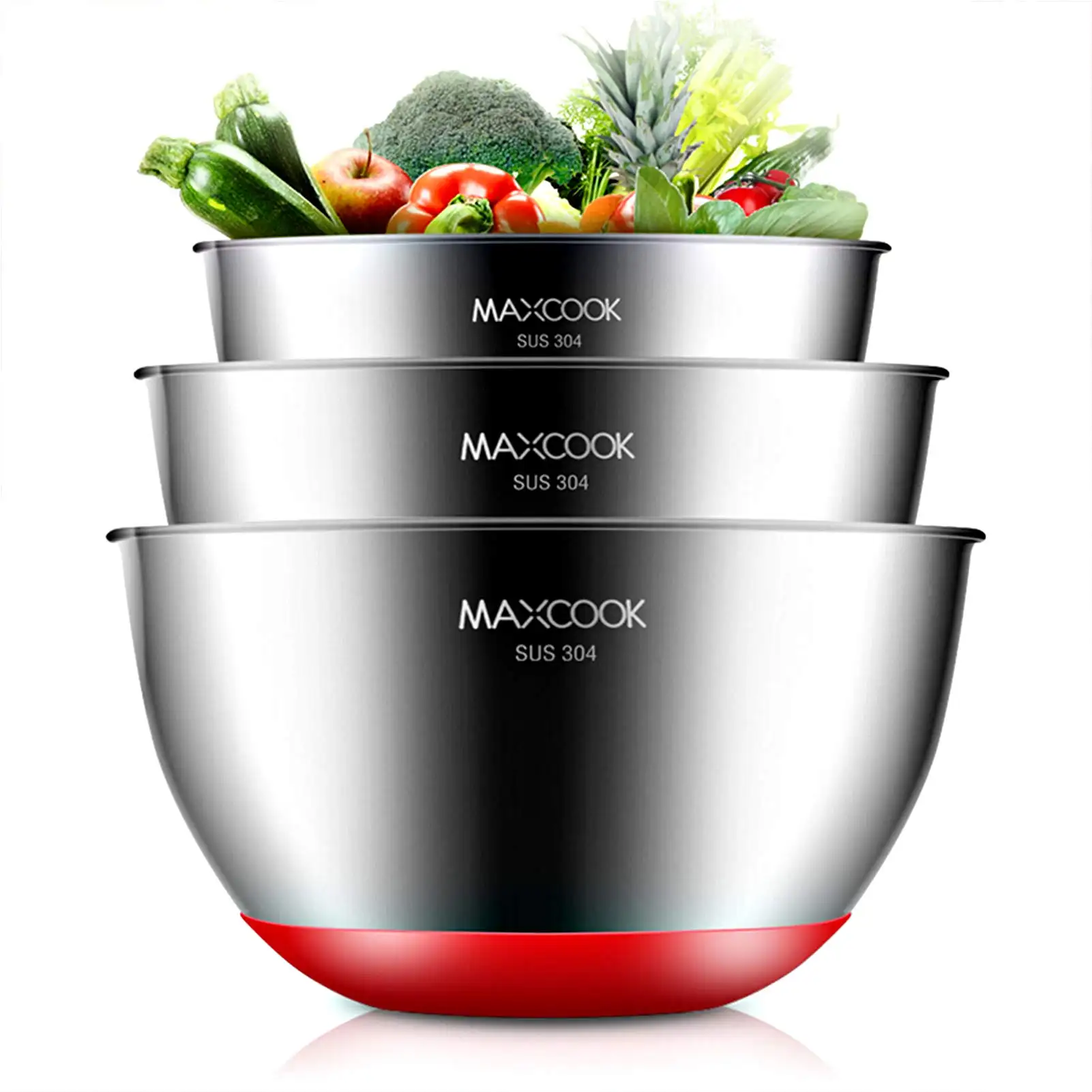 Maxcookホット販売2024ステンレス鋼ボウルセットサラダ洗浄野菜と滑り止めシリコンベースミキシングボウルを混合するため