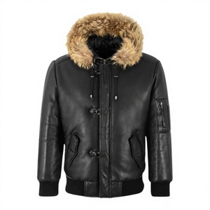 Veste en cuir pour homme avec capuche en fausse fourrure, style aviateur bomber matelassé, manteau d'hiver, vente en gros personnalisée - Product Image 1