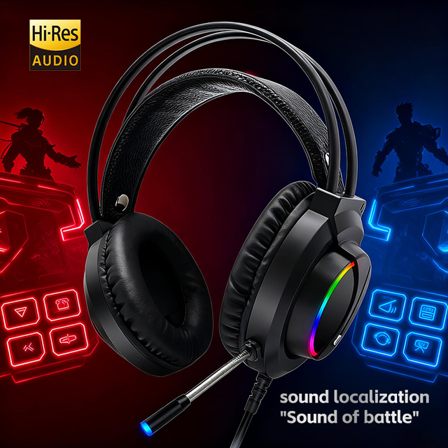 Over-Ear Wired E-Sports Gaming Headphones 7.1 Channel Surround Sound Bass Boost Active Noise Cancellation Dynamic Driver