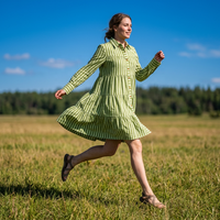 Robe chemise rayée pour femme, manches longues, boutonnée sur le devant, verte, à volants étagés, décontractée, printemps-été, mini-robe, mignonne, pour soirée