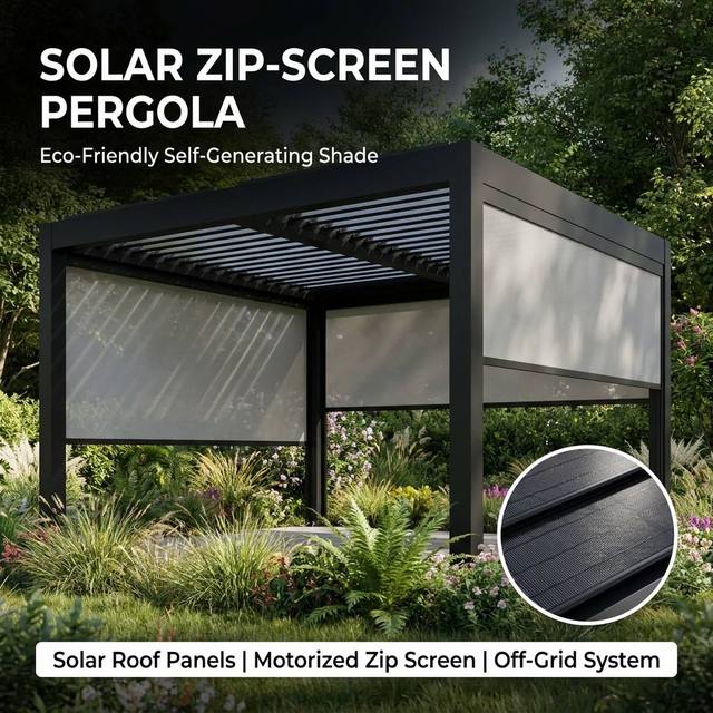 Eco Friendly Solar Powered Pergola with Motorized Fiberglass Windproof Screen for Smart Sustainable Garden and Rooftop Shading