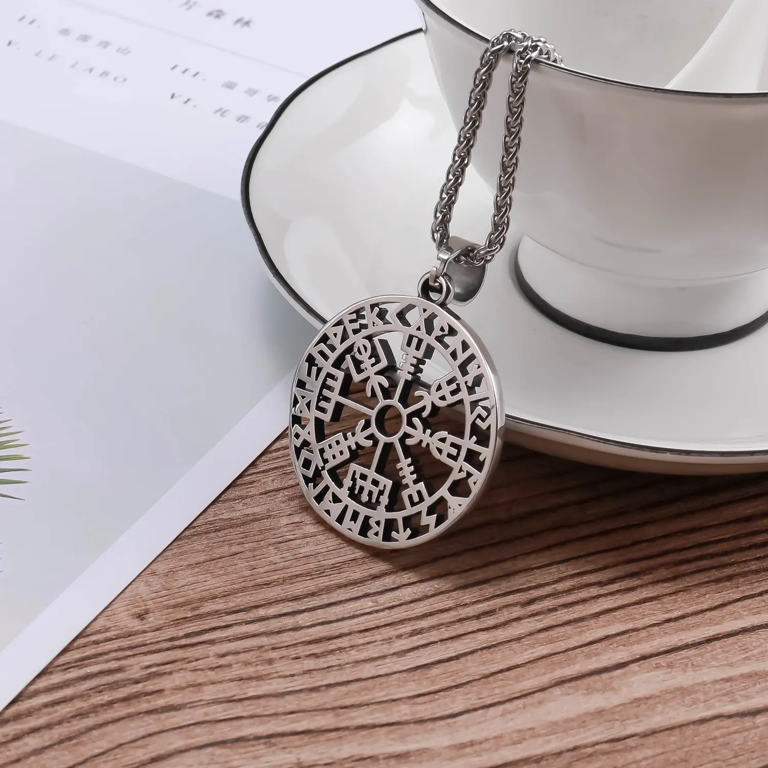 Classic Norse Viking Amulet Necklace Stainless Steel Men's Hollow Rune Compass Disc Pendant Necklace