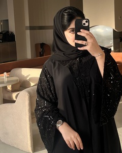 Elegant Black Polyester Abaya Sparkly Sequin Floral Design V Neck Ankle Length <strong>Summer</strong> Modest Islamic Dress Dubai <strong>Kaftan</strong> Matching - Product Image 6