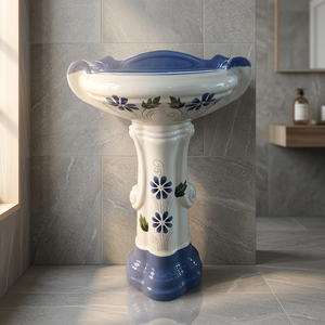 Lavabo de Pedestal de Cerámica Estilo Mármol Azul, Lavabo Grande Ecológico para Baño - Product Image 2