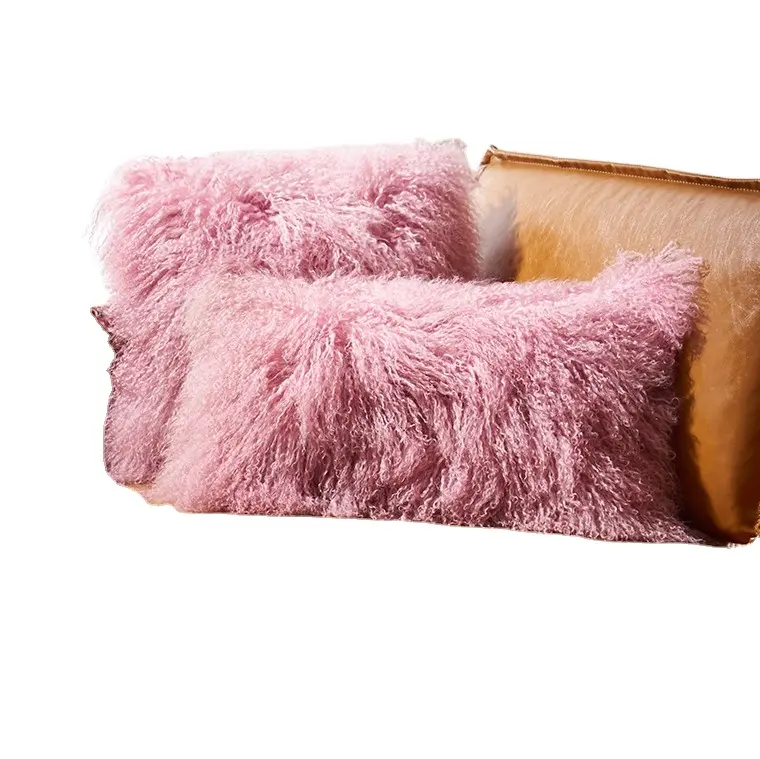 도매 로즈 컬러 플러시 티베트 양고기 모피 쿠션 푹신한 몽골어 양고기 던지기 베개 커버