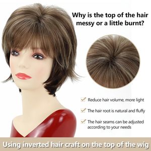 Perruque <span class=keywords><strong>courte</strong></span> brune TISHINING pour femmes blanches, coupe pixie avec frange, mèches blondes, aspect naturel et lisse - Product Image 5