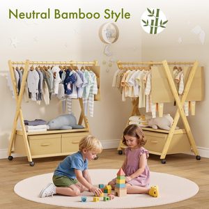 Estante <span class=keywords><strong>de</strong></span> ropa <span class=keywords><strong>de</strong></span> bambú para niños con cajas <span class=keywords><strong>de</strong></span> almacenamiento Organizador <span class=keywords><strong>de</strong></span> ropa <span class=keywords><strong>de</strong></span> bebé Soporte <span class=keywords><strong>de</strong></span> ropa pequeño Rolling Kids Toddler Dress up Storage - Product Image 6