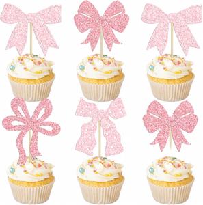 Decoraciones para Fiestas de Cumpleaños y Bodas, Adornos para Cupcakes con Lazo Rosa, Paquete de 12 - Product Image 1