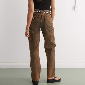 Jeans <span class=keywords><strong>Cargo</strong></span> a Vita Alta Marrone Caramello per <span class=keywords><strong>Donna</strong></span>, Personalizzati in Fabbrica, Gamba Larga, Lavaggio Vintage, Denim Trendy Retrò per Uso Quotidiano - Product Image 5