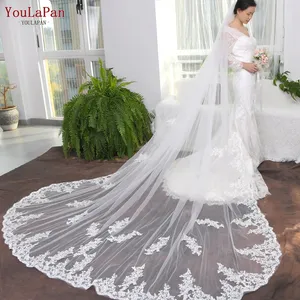 YouLaPan V67 Luxurious Cathedral Bridal Veil Single Layer Handmade Embroidered Lace 3M Long Off White Wedding Veil