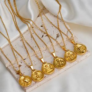 12 Zodiac Coin Collier Double Taille Plaqué Or En Acier Inoxydable À La Mode Horoscope Signe Pendentif Chaîne Colliers - Product Image 1