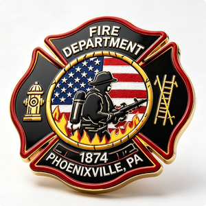 Badge en métal émaillé plaqué or de la police des pompiers de Phoenixville, Pennsylvanie, 1874, emblème patriotique souvenir - Product Image 3