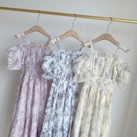 Ravissante Robe Féerique Mi-Longue pour Femmes, Épaules Dénudées, Robe Ajustée, Manches Bouffantes, Plissée, en Mesh, Froncée, Patchwork, Imprimé Japonais, Décontractée