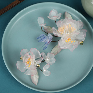 Nuevos accesorios para el cabello de estilo antiguo, pinzas hechas a mano con flores de gasa rosa y mariposas azules, peinado de hada para disfraz antiguo - Product Image 2