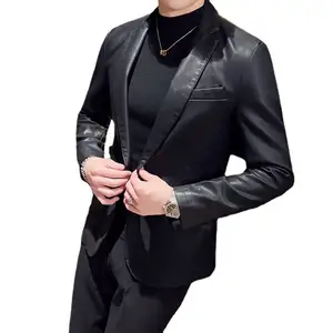 Soft imitation sheepskin men's blazer High quality Male fashion slim black leather jacket 2023 new Autumn winter clothing 5XL