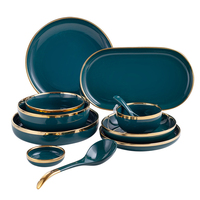 Ensemble de Vaisselle en Céramique Assiettes de Luxe Vertes Bol à Salade et Soupe pour Restaurant et Hôtel