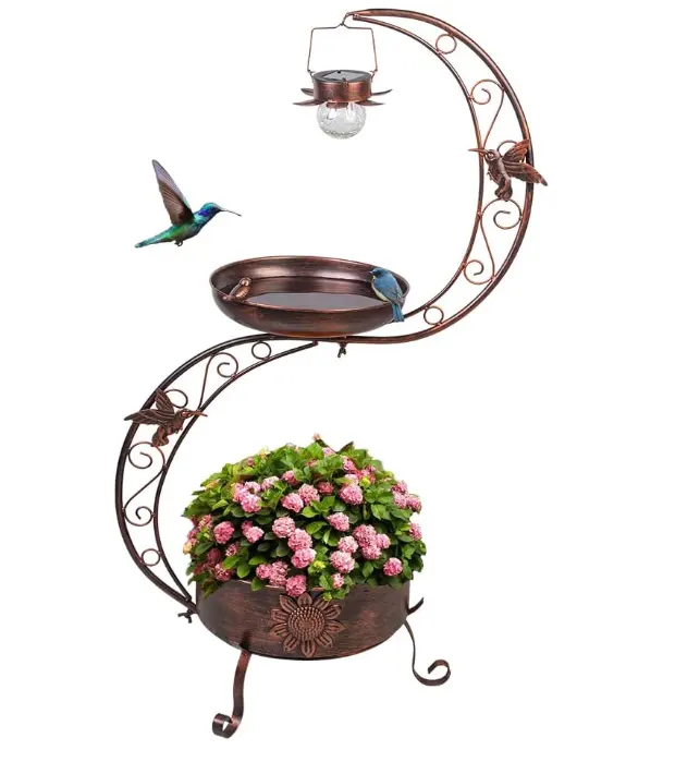 Vogel bäder für den Außenbereich Metall stehendes Vogel bad mit Solar lampe Vintage Garten vogel bäder mit Blumen pflanz sockel