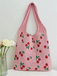 Bolso de hombro tejido grande para mujer al por mayor, bolso de mano con estampado de cerezas y lazo bonito, bolsos de ganchillo para la playa y viajes de verano - Product Image 5
