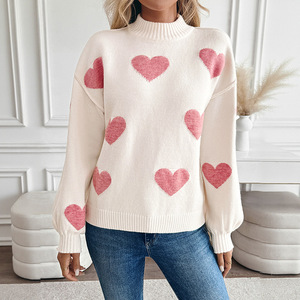 Women's Heart Print Mock Neck Sweater Long Puff Sleeve Loose Knit Pullover Casual Soft <strong>Valentines</strong> Day <strong>Jumper</strong> - Product Image 2