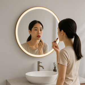 Luxury Hotel Style Gold-Framed Front-Lit Round LED Bathroom Vanity <b>Mirror</b> With Adjustable Color Light Ring and Anti-Fog Function - Product Image 1