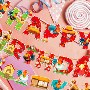 Huancai pollo cartel de <span class=keywords><strong>feliz</strong></span> cumpleaños gallina <span class=keywords><strong>Gallo</strong></span> guirnalda de papel decoraciones colgantes banderines para cumpleaños suministros de fiesta de granja - Product Image 4