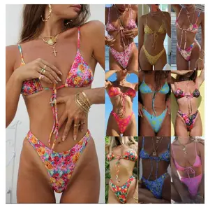 Set Bikini Musim Panas Motif Bunga untuk Wanita, Set Pakaian Renang Bikini Bercetak 2 Potong Mirco Perjalanan Liburan Pantai Gambar Bunga untuk Wanita