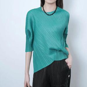 Chemisier décontracté pour <span class=keywords><strong>femme</strong></span>, style Miyake, col rond, manches mi-longues, plissé vintage irrégulier, mode printemps-été, polyvalent - Product Image 4