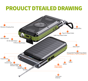 Batterie externe solaire 20000mAh, radio FM d'urgence, lampe torche LED, chargeur de téléphone sans fil, câbles intégrés IOS USB-C, support métallique - Product Image 4