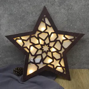 Hot selling copper wire lamp pentagonal star wooden hanging tag Islamic holiday home decoration wooden hanging tag wall sti