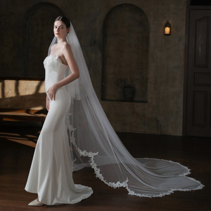 Velo de novia largo Simple Super Fairy Tail Flower Edge Doble máscara blanca Viaje DE BODA Sombreros DE BODA Velo de cola bordado - Product Image 4