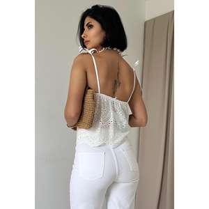 Blusa Bohemia Blanca para Mujer, con Cordones, Bordada, Estilo Halter, Transparente, para Uso Diario - Product Image 1