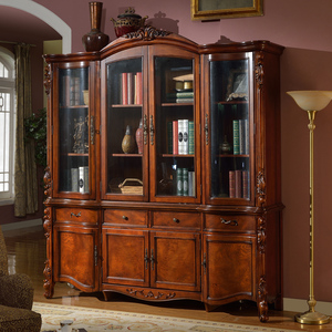 Libreria di Alta Gamma in Legno Massello a 4 Ante, Vetrina con 4 Ante in Vetro, Mobile da Terra per Studio e Conservazione in Villa - Product Image 1