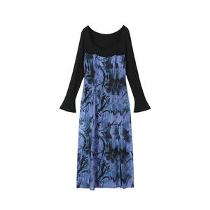 รันฉีชุดเดรสชีฟองผู้หญิงไซส์ใหญ่ สีดำ ตกแต่งลายดอกไม้ คอวี ทรงหลวม แขนยาว ชุดเดรสแม็กซี่ - Product Image 1