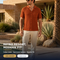 Chemise en tricot à col cubain pour homme, 100 % viscose, ajourée, manches courtes, boutonnée, style vintage, décontractée, avec poche