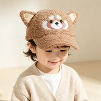 Gorra de Béisbol de Felpa para Niños, Linda Gorra Trucker con Orejas de Panda Rojo, Bordado de Dibujos Animados, Forro Polar Cálido para Invierno, Ajustable