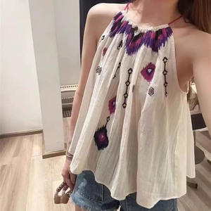 Camiseta sin mangas con cuello halter bordada estilo bohemio vintage francés para mujer, blusa bordada sin mangas - Product Image 1