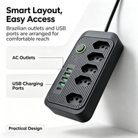 Stop Kontak Standar OEM Brasil 5 Outlet AC NBR14136 dengan 4 USB-A dan 1 Port Type-C, Soket Ekstensi dengan Saklar Nyala/Mati Berlampu