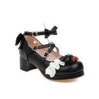 Chaussures Mary Jane pour femmes en similicuir lisse, talon carré, plateforme, style Lolita, avec nœud et décorations fraises, pour fêtes et cosplay