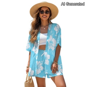 Conjunto de Ropa de Playa con Estampado de Flores Hawaianas Personalizado para <span class=keywords><strong>Mujer</strong></span>, Conjunto de Dos Piezas de Verano, Pantalones Cortos de Poliéster, Conjuntos de <span class=keywords><strong>Mujer</strong></span> - Product Image 1