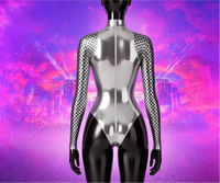 Rave-outfit glanzende metallic high neck zip monokini bodysuit lange mesh mouw J'Ouvert carnaval maandag outfit groothandel aangepaste logo