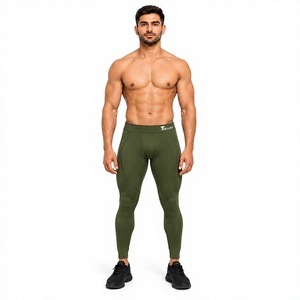 <b>Men's</b> Full Length <b>Compression</b> Tights High Waist Seamless Solid Green Athletic <b>Leggings</b> Full Length Athletic Base Layer <b>Leggings</b> - Product Image 1
