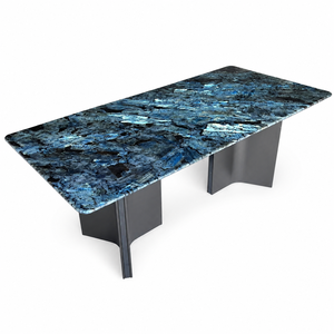 Customized Dining <b>Table</b> Rechtangle <b>Top</b> Modern Villa 8~10 Seater Metal Legs <b>Stone</b> Furniture Luxury Lemurian Blue - Product Image 2
