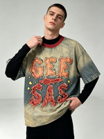 T-shirt Homme Vintage Oversize Délavé Dégradé avec Lettres Brodées Effet Vieilli et Col Rond Côtelé Rouge Contrastant, Motif Étoile