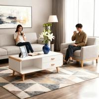 Table basse en bois de luxe moderne avec bords arrondis et 2 tiroirs
