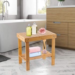 Banc de Spa en bambou tabouret de siège en bois repose-pieds tabouret de rasage avec étagère de rangement pour salle de bain salon tabouret de toilette siège de bain - Product Image 5