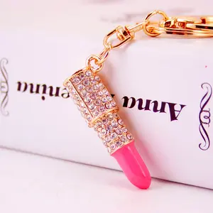 Cosmetic Promotional Gift Rhinestone Lipstick Lip Keychain Accessories Ladies Bag Car Metal Key Chain Diamond Lipstick Keyring