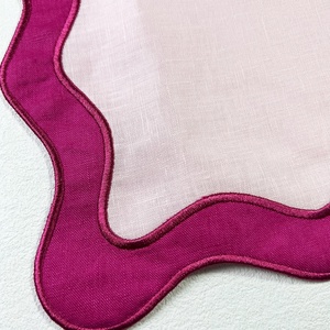Natural Flax Custom Design Organic Fabric Double Scalloped Embroidered Edge <b>Table</b> <b>Cloth</b> <b>Linen</b> Napkin Placemat for Hotel - Product Image 3