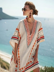 Abito Kaftano da Donna in <span class=keywords><strong>Misto</strong></span> <span class=keywords><strong>Lino</strong></span>, Stampa Geometrica Boho con Maniche a Pipistrello e Scollo a V, Copricostume da Spiaggia, Tunica Casual Ampia - Product Image 1